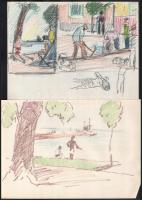 Jelzés nélkül, össz. 7 db rajz: Balatoni életképek, hajókkal, emberekkel. Filctoll, kréta, ceruza, p...