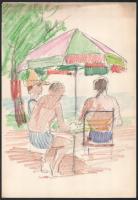 Jelzés nélkül, össz. 7 db rajz: Balatoni életképek, hajókkal, emberekkel. Filctoll, kréta, ceruza, p...