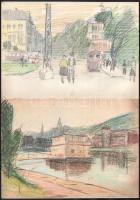 Jelzés nélkül, össz. 10 db rajz: Városképek, hajók, tájak. Filctoll, ceruza, kréta, papír. Egyik lap...