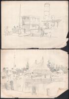 Jelzés nélkül, össz. 10 db rajz: Városképek, hajók, tájak. Filctoll, ceruza, kréta, papír. Egyik lap...