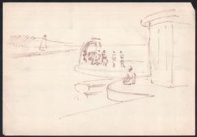 Jelzés nélkül, össz. 10 db rajz: Városképek, hajók, tájak. Filctoll, ceruza, kréta, papír. Egyik lap...