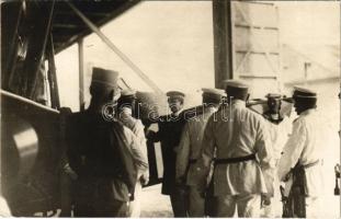 S.M. Karl auf der Inspicierung der Flugstation Catharina. K.u.K. Kriegsmarine / WWI Austro-Hungarian Navy, Charles I of Austria pays a visit to his navy fliers at the Naval Air Station on Santa Catarina Island, Pola. He is seen here inspecting an aircraft in a hangar on October 27, 1917, accompanied by several officers. photo (ragasztónyom / glue marks)