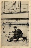 1915 Osztrák-magyar haditengerészet matróza levél írás közben / K.u.K. Kriegsmarine Matrose / Austro-Hungarian Navy mariner writing a letter. Phot. A. Beer, F.W. Schrinner (fl) + "K.u.K. Marine Munitionsetablissement"