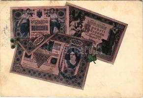 1906 Fünfzig, Hundert und Tausend Kronen Oesterreichisch-ungarische Bank / 50, 100 és 1000 korona bankjegy lóherével / Austro-Hungarian banknotes with clover (EK)