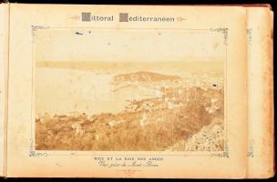 cca 1890-1900 Alpes Maritimes Nice a Monaco, dekoratív, keménytáblás album 24 db fotóval, aranyozott félbőr-kötésben, kopott, kissé foltos borítóval, kissé laza, foltos táblákkal, 26,5x19 cm