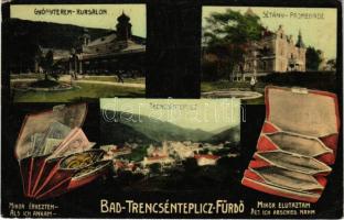 Trencsénteplic-fürdő, Kúpele Trencianske Teplice; Gyógyterem, sétány, 'Mikor érkeztem- Mikor elutaztam' humoros képeslap. Kiadja Wertheim Zsigmod / kursalon, promenade, 'Alsich ankam - Als ich Abschied nahm' / spa, bath, promenade, humorous (EK)