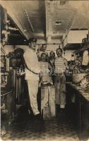 SMS SATELLIT osztrák-magyar haditengerészet hentes matrózai a konyhában / K.u.K. Kriegsmarine Matrosen / Austro-Hungarian Navy butcher mariners in the kitchen. photo (fl) + "K.u.K. Hafenadmiralat G. v. Cattaro ZENSURSTELLE Nr. 56"