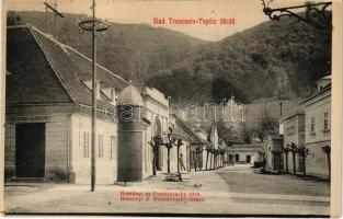 Trencsénteplic-fürdő, Kúpele Trencianske Teplice; Bossányi és Poniatovszky utca, Könyvnyomda. Kiadja Wertheim Zsigmond / street view, book printing shop