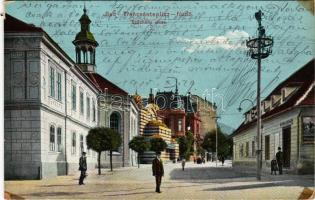 1915 Trencsénteplic-fürdő, Kúpele Trencianske Teplice; Széchenyi utca, fürdő, könyvnyomda. Kiadja Wertheim Zsigmond / street view, bath, book printing shop (ragasztónyom / glue marks)