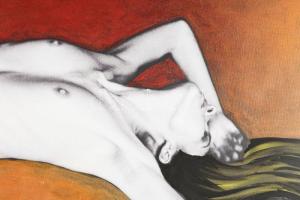 Fábián Franciska (1987-): Ágyon. Akril, fotó, vászon, jelzett, hátoldalán autográf felirattal, 40x65...