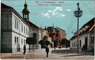 Trencsénteplic-fürdő, Kúpele Trencianske Teplice; Széchenyi utca, fürdő, könyvnyomda. Kiadja Wertheim Zsigmond / street view, bath, book printing shop