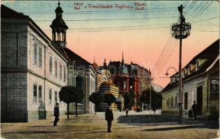 Trencsénteplic-fürdő, Kúpele Trencianske Teplice; Széchenyi utca, fürdő, könyvnyomda. Kiadja Wertheim Zsigmond / street view, bath, book printing shop (kopott sarkak / worn corners)