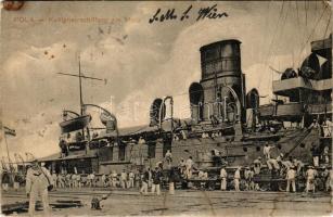 1914 Pola, Kohleneinschiffung am Molo, K.u.K. Kriegsmarine / Austro-Hungarian Navy, coal embarkation in Pula, mariners loading coal. G.C. Pola 1912. (fl)