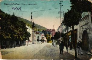 Trencsénteplic-fürdő, Kúpele Trencianske Teplice; Fő tér, fürdő, üzletek / main square, bath, shops (kopott sarkak / worn corners)