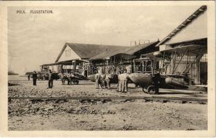 1914 Pola, Flugstation. K.u.K. Kriegsmarine Seeflugzeuge / Az Osztrák-Magyar Haditengerészet repülőállomása Santa Catarina szigetén, Polában, matrózok / WWI Austro-Hungarian Navy, mariners with aircrafts and seaplanes at the air station on Santa Catarina Island, in the harbor of Pula, French-made Léveque flying boats. Phot. A. Beer, Verlag F. W. Schrinner