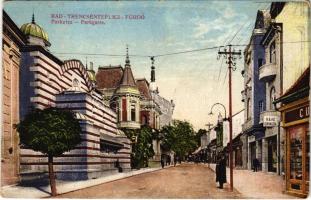 Trencsénteplic-fürdő, Kúpele Trencianske Teplice; Park utca, kávézó, cukrászda. Andreicska Fábián kiadása / street view, café, confectionery (fa)