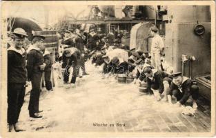 1912 K.u.K. Kriegsmarine Matrosen, Wasche am Bord / Osztrák-magyar matrózok fedélzet mosás közben / Austro-Hungarian Navy mariners cleaning the deck. F.W. Schrinner Pola 1912.