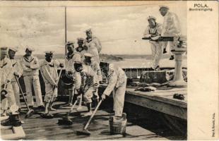 1908 K.u.K. Kriegsmarine Matrosen, Bordreinigung / Osztrák-magyar matrózok fedélzet mosás közben / Austro-Hungarian Navy mariners cleaning the deck. A. Bonetti