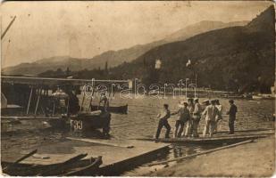 K.u.K. Kriegsmarine Seeflugzeug / WWI Austro-Hungarian Navy, group of sailors hauling Mn-type flying boat (hydroplane) E-33 ashore at the Kumbor Air Station in the Bay of Kotor, naval aircraft. Verlag Rotes Kreuz Photo Atelier Pola photo (fl)