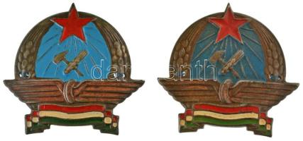 ~1950. Rákosi-címeres zománcozott vasutas sapkajelvény (2x) (51x49mm) T:XF / Hungary ~1950. Enamelled railwayman cap badge with Rákosi coat of arms (2x) (51x49mm) C:XF