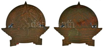 ~1950. Rákosi-címeres zománcozott vasutas sapkajelvény (2x) (51x49mm) T:XF / Hungary ~1950. Enamelle...