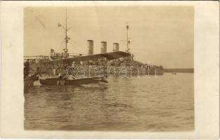 K.u.K. Kriegsmarine Seeflugzeug / WWI Austro-Hungarian Navy, Mn-type flying boat (hydroplane) E-37 next to an Erzherzog Karl-class battleship, naval aircraft, mariners. photo (EK)