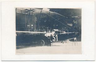 K.u.K. Kriegsmarine Seeflugzeug / WWI Austro-Hungarian Navy, Linienschiffleutnant Drem stands next to his L-type Lohner L-51 flying boat (hydroplane), naval aircraft. photo glued to card (non PC)