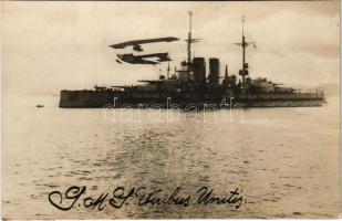 K.u.K. Kriegsmarine Seeflugzeug / WWI Austro-Hungarian Navy Lohner Te-type flying boat (hydroplane) L-56 soars above SMS Viribus Unitis, naval aircraft. photo (EK)