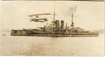K.u.K. Kriegsmarine Seeflugzeug / WWI Austro-Hungarian Navy Lohner Te-type flying boat (hydroplane) L-56 soars above SMS Viribus Unitis, naval aircraft. photo (vágott / cut)