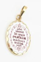 Arany (Au) 14K Szűz Mária medál, porcelán arany keretben, 3,1×1,5 cm, bruttó: 2,6 g