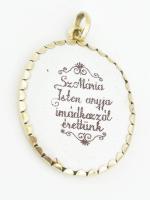 Arany (Au) 14K Szűz Mária porcelán medál, jelzett, 2,7×1,9 cm, bruttó? 3 g