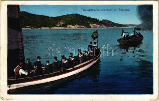 1913 Dampfbarke mit Boot im Schlepp. K.u.K. Kriegsmarine / Austro-Hungarian Navy steam barge towing ...