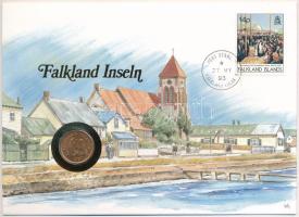 Falkland-szigetek 1987. 1p Bronz &quot;II. Erzsébet&quot; emlékérme felbélyegzett borítékban, bélyegzéssel, német nyelvű tájékoztatóval T:UNC patina Falkland Islands 1987. 1 Penny Bronze &quot;Elisabeth II&quot; commemorative coin in envelope with stamp, cancellation and a prospectus in german C:UNC patina