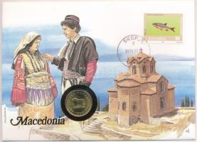 Macedónia 1993. 1D Cu-Ni felbélyegzett borítékban, bélyegzéssel, német nyelvű tájékoztatóval T:AU  Macedonia 1993. 1 Denar Cu-Ni in envelope with stamp, cancellation and a prospectus in german C:AU