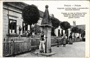 1913 Pöstyén-fürdő, Kúpele Piestany; Szégyenfa, melyhez hajdan a gonosztevőket büntetésből kikötötték/ Pranger / pillory (EK)