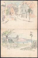 Jelzés nélkül, össz. 10 db rajz: Városrészletek, életképek, női akt. Ceruza, kréta, papír. Egyik lap...