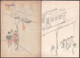 Jelzés nélkül, össz. 10 db rajz: Városrészletek, életképek, női akt. Ceruza, kréta, papír. Egyik lap...