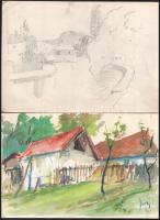 Olvashatatlan jelzéssel v. jelzés nélkül, össz. 10 db rajz: Városrészletek, életképek, vízparti tája...