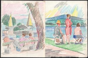 Olvashatatlan jelzéssel v. jelzés nélkül, össz. 10 db rajz: Városrészletek, életképek, vízparti tája...