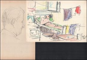 Olvashatatlan jelzéssel v. jelzés nélkül, össz. 10 db rajz: Városrészletek, életképek, vízparti tája...