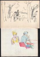 Jelzés nélkül, össz. 10 db rajz: Utcarészletek, vízparti tájak, portrék. Ceruza, tus, kréta, papír. ...