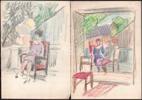 Jelzés nélkül, össz. 10 db rajz: Utcarészletek, vízparti tájak, portrék. Ceruza, tus, kréta, papír. ...