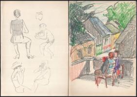 Jelzés nélkül, össz. 10 db rajz: Utcarészletek, vízparti tájak, portrék. Ceruza, tus, kréta, papír. ...
