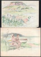 Jelzés nélkül, össz. 10 db rajz: Utcarészletek, Balatonpart, portrék, női akt. Ceruza, tus, kréta, p...