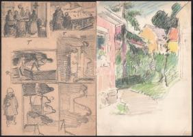 Jelzés nélkül, össz. 10 db rajz: Utcarészletek, Balatonpart, portrék, női akt. Ceruza, tus, kréta, p...