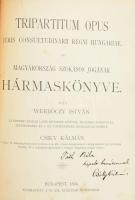 [Werbőczy István (1465-1541)] Werbőczy István: Tripartitum opus juris consuetudinarii regni Hungariae. Magyarország szokásos jogának hármaskönyve. Az eredeti kiadás latin szövegét közölte, magyarra fordította, jegyzetekkel és a mű történetének megírásával kísérte Csiky Kálmán. Bp., 1894, M. Kir. Egyetemi Nyomda, XXX+2+560 p. Latin és magyar nyelven. Korabeli aranyozott, kissé laza félvászon kötésben. A fordító, jegyzetíró, Csiky Kálmán (1843-1905) jogász, jogtörténész, országgyűlési képviselő, fordító, költő által Tóth Béla (1857-1907) író, újságíró, műfordító részére DEDIKÁLT példány!