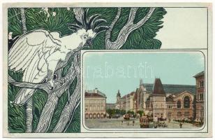 Budapest IX. Vámház körút, Vásárcsarnok, villamosok / Zollamts-Ring. Art Nouveau (r)