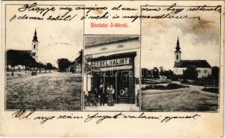 1910 Ókér, Ó-Kér, Okeri, Altker, Zmajevo; Evangélikus templom, Szerb ortodox templom, Febel Bálint üzlete. Szántó Zsigmond kiadása / Lutheran church, Serbian Orthodox church, shop of Febel (EK)