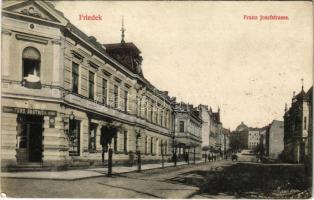 Frydek, Friedek; Franz Josefstrasse / street view, shop of Ferd. Skotnica (fl)