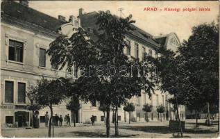 Arad, Községi polgári iskola, Molnár Albert üzlete. Kerpel Izsó kiadása / school, shop (Rb)